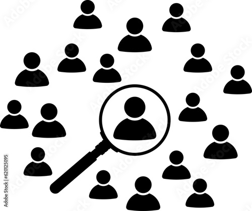 Magnifier magnifying and focus for recruiting. Human resource management recruitment, teamwork concept, job hiring. Vector illustration.