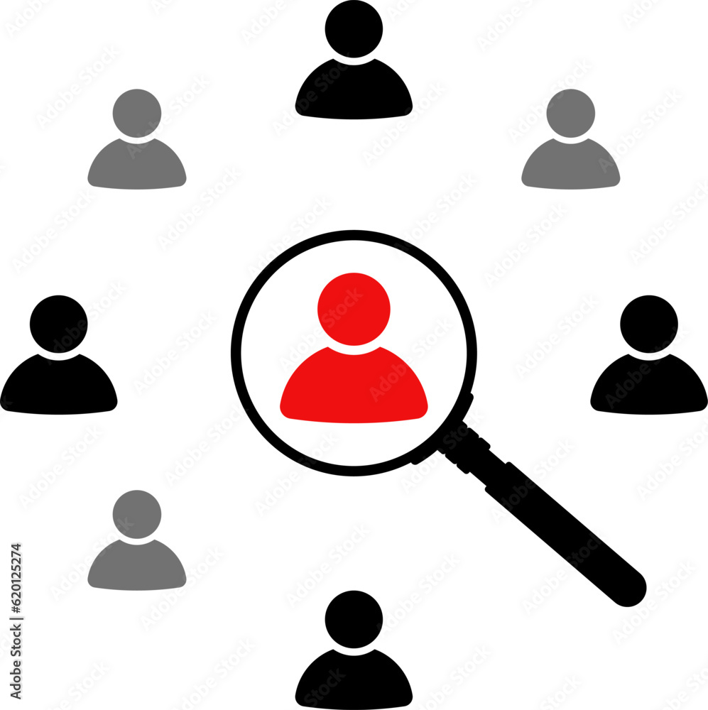 Magnifier magnifying and focus for recruiting. Human resource management recruitment, teamwork concept, job hiring. Vector illustration. Magnifier magnifying and focus for recruiting. Human resource management recruitment, teamwork concept, job hiring. Vector illustration.