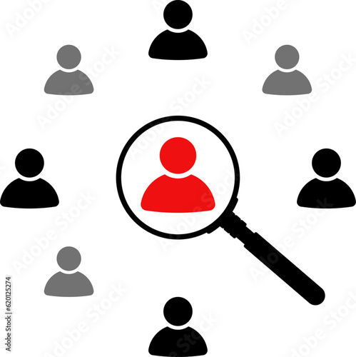 Magnifier magnifying and focus for recruiting. Human resource management recruitment, teamwork concept, job hiring. Vector illustration.