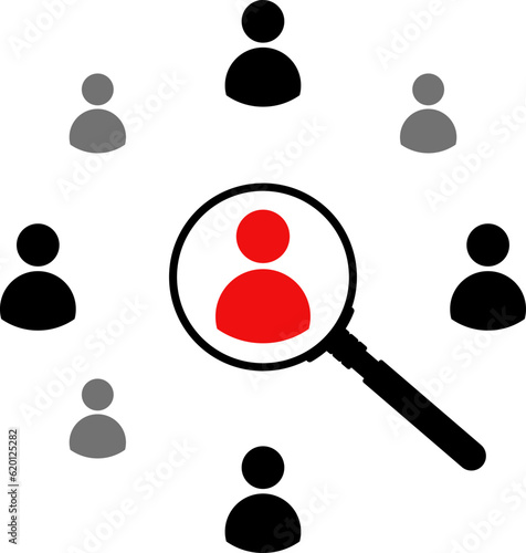 Magnifier magnifying and focus for recruiting. Human resource management recruitment, teamwork concept, job hiring. Vector illustration.