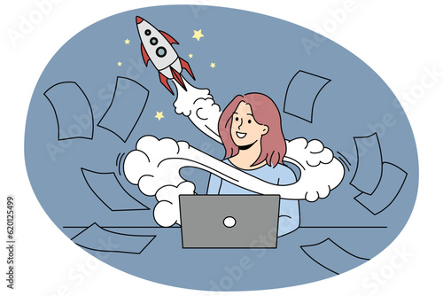 Motivated businesswoman working on computer launch startup. Smiling confident woman busy on laptop, rocket above head as innovative business idea. Vector illustration.