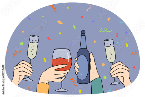 Hands of people holding glasses drinking together on party. Group having fun enjoy cocktails beverages on celebration. Vector illustration.