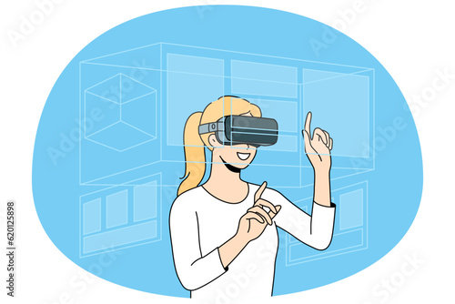 Happy woman in VR glasses explore surroundings. Smiling female client in virtual reality glasses have fun enjoy new modern technology. Vector illustration.