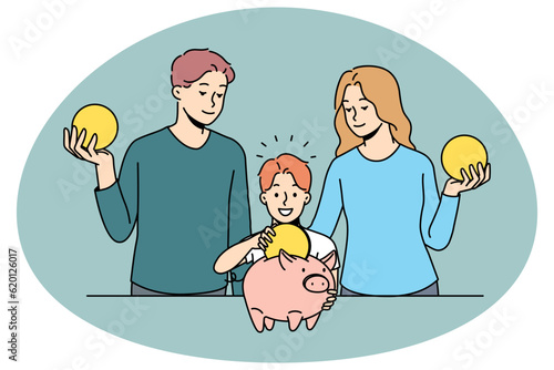 Smiling young family with child put coin into piggybank. Happy parents and small kid invest money for future. Saving and finance stability. Vector illustration.