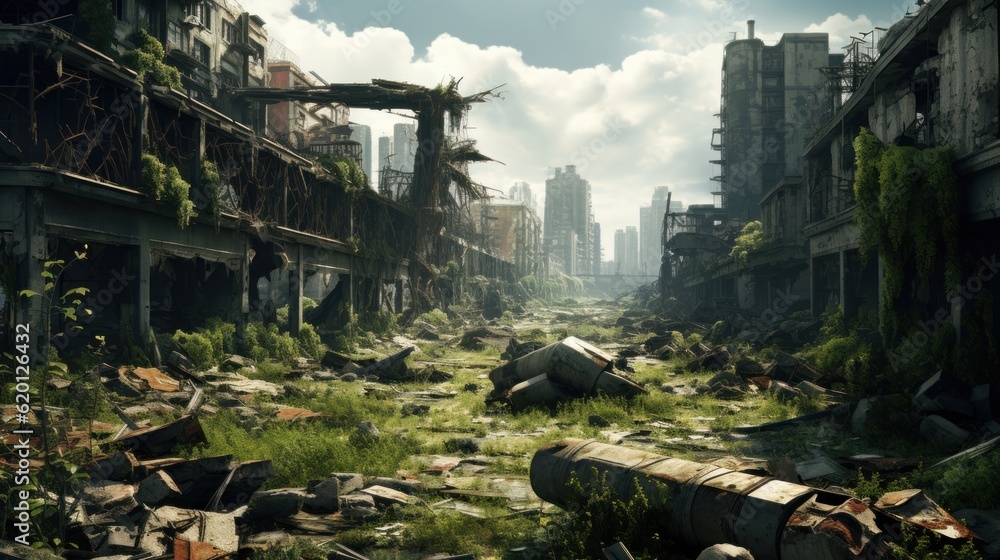 Depict the remnants of a once - thriving city now in decay, with dilapidated buildings, overgrown vegetation, and cybernetic scavengers searching for valuable tech Depict the remnants of a once - thriving city now in decay, with dilapidated buildings, overgrown vegetation, and cybernetic scavengers searching for valuable tech