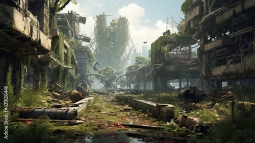 Depict the remnants of a once - thriving city now in decay  with dilapidated buildings  overgrown vegetation  and cybernetic scavengers searching for valuable tech