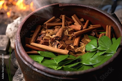 Ayahuasca Brew in a pot, Psychedelic Psychotropic drugs, Amazonian Shamanistic mind ritual photo