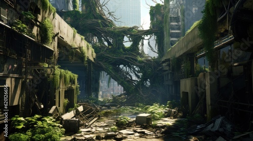 Depict the remnants of a once - thriving city now in decay, with dilapidated buildings, overgrown vegetation, and cybernetic scavengers searching for valuable tech