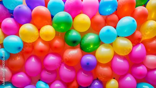 Many colorful balloons decorated wall as background