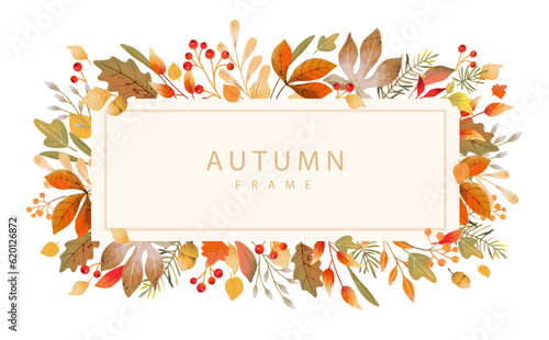 Autumn frame with watercolor leaves, branches and berries. Fall background. Vector illustration