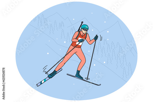 Man athlete in outerwear take part in biathlon competition in winter mountains. Sportsman ski participate in race. Sport and competition concept. Vector illustration.
