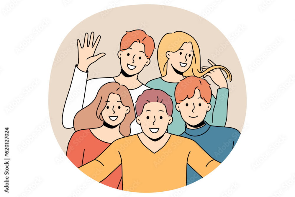 Smiling diverse friends posing for picture together. Happy people have fun feel optimistic enjoy friendship. Unity and diversity. Vector illustration. Smiling diverse friends posing for picture together. Happy people have fun feel optimistic enjoy friendship. Unity and diversity. Vector illustration.