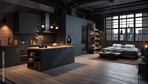 luxury studio apartment with a free layout in a loft style in dark colors. Stylish modern kitchen area with an island  cozy bedroom area with fireplace and personal gym   Generative ai