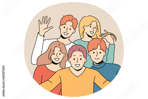 Smiling diverse friends posing for picture together. Happy people have fun feel optimistic enjoy friendship. Unity and diversity. Vector illustration.