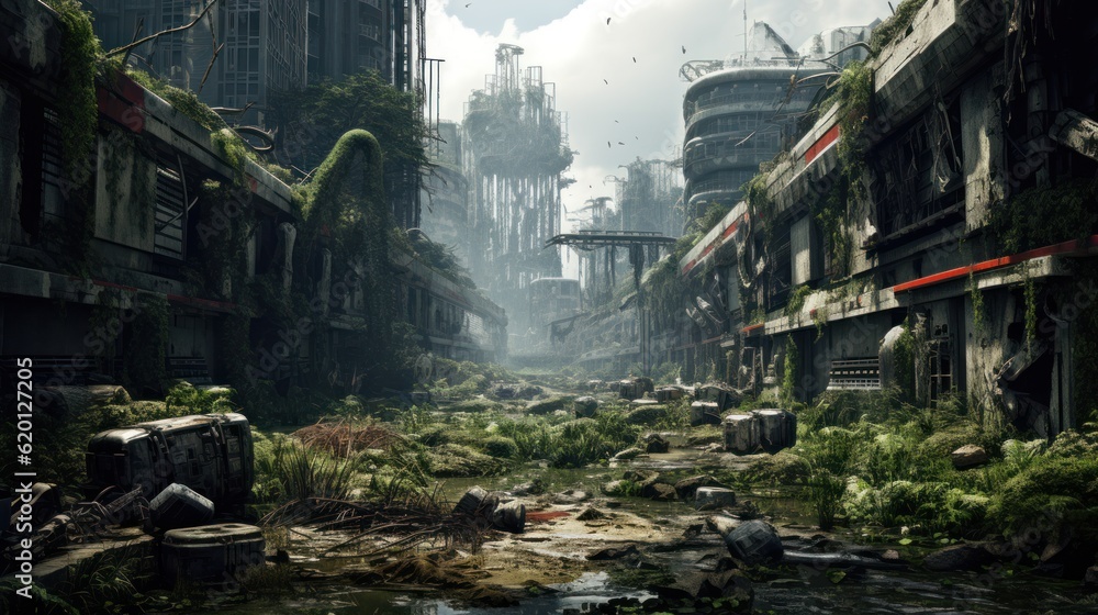 Depict the remnants of a once - thriving city now in decay, with dilapidated buildings, overgrown vegetation, and cybernetic scavengers searching for valuable tech