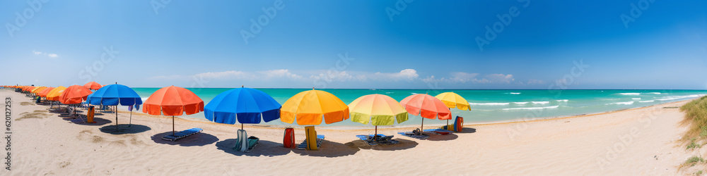 Generative AI, beach umbrellas on the shore of the blue sea, sandy shore, sun, summer, vacation in a tropical country by the ocean, sunbeds, comfortable stay, south, hotel, travel, banner, parasol