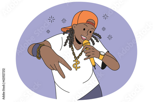 African American man in cap and gold accessories rapping. Male rapper sing in microphone. Hobby and entertainment. Vector illustration.