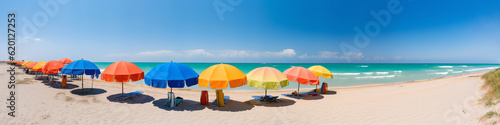 Generative AI  beach umbrellas on the shore of the blue sea  sandy shore  sun  summer  vacation in a tropical country by the ocean  sunbeds  comfortable stay  south  hotel  travel  banner  parasol