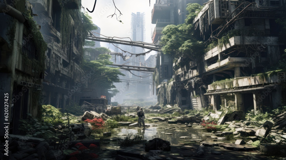 Depict the remnants of a once - thriving city now in decay, with dilapidated buildings, overgrown vegetation, and cybernetic scavengers searching for valuable tech
