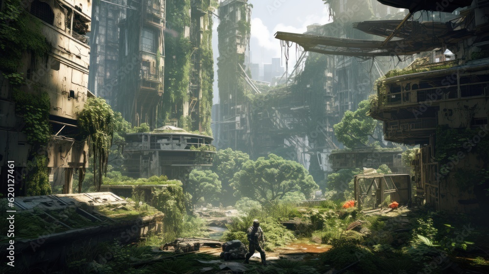 Depict the remnants of a once - thriving city now in decay, with dilapidated buildings, overgrown vegetation, and cybernetic scavengers searching for valuable tech Depict the remnants of a once - thriving city now in decay, with dilapidated buildings, overgrown vegetation, and cybernetic scavengers searching for valuable tech