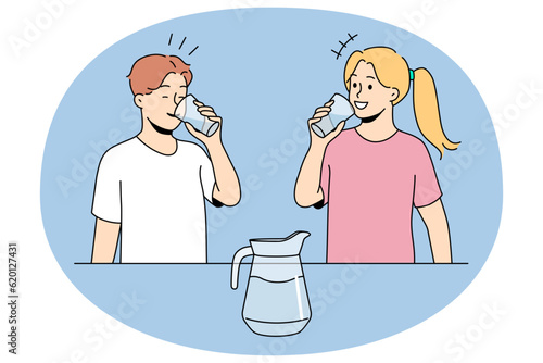 Smiling children drinking water keep hydration balance. Happy kids enjoy clean aqua follow healthy lifestyle. Vector illustration.