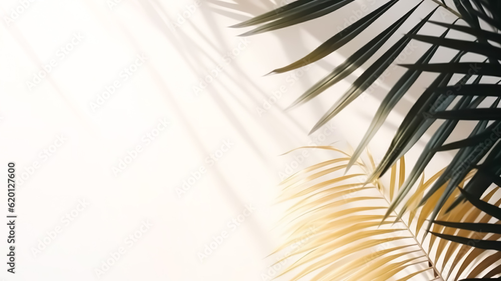 Fototapeta premium Selective focus of palm leaf with shadow and nature lightning on wall background.Tropical and summer pattern.generative ai images