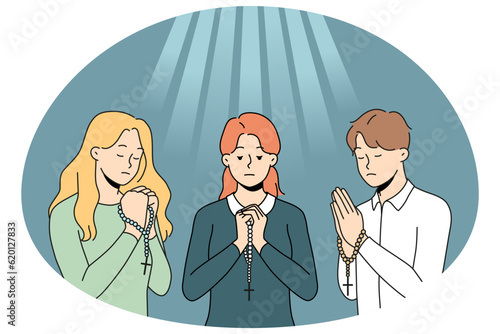 People with rosary praying to go asking for good fate. Religious superstitious believers show faith and belief. Religion and prayer. Vector illustration.