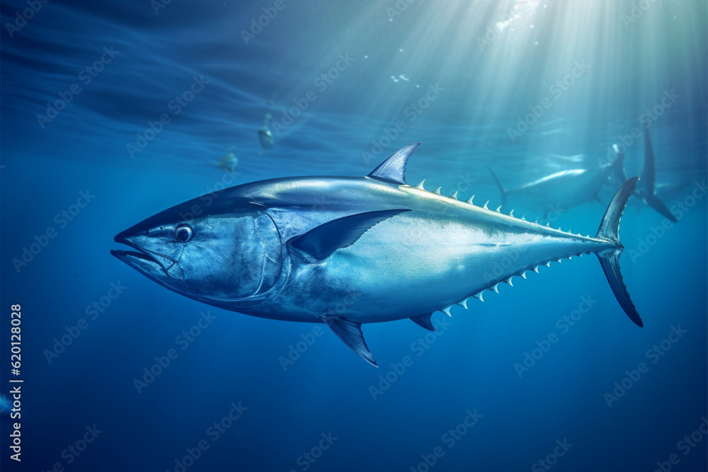Tuna in deep blue ocean. Underwater world. 3D Rendering