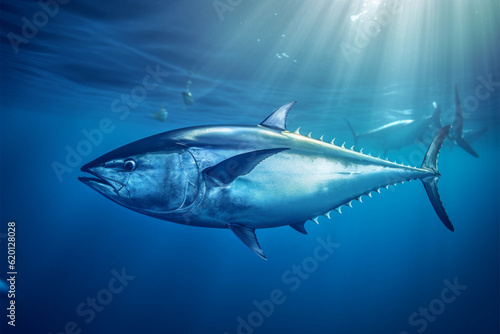 Tuna in deep blue ocean. Underwater world. 3D Rendering