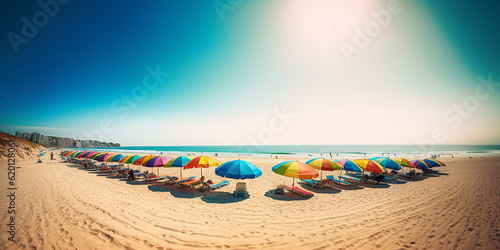 Generative AI  beach umbrellas on the shore of the blue sea  sandy shore  sun  summer  vacation in a tropical country by the ocean  sunbeds  comfortable stay  south  hotel  travel  banner  parasol