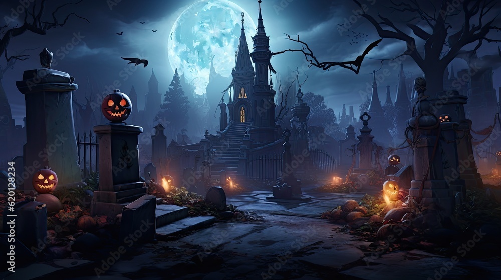 Halloween landscape with pumpkins and dark scary castle in the forest on blue Moon background. AI illustration..