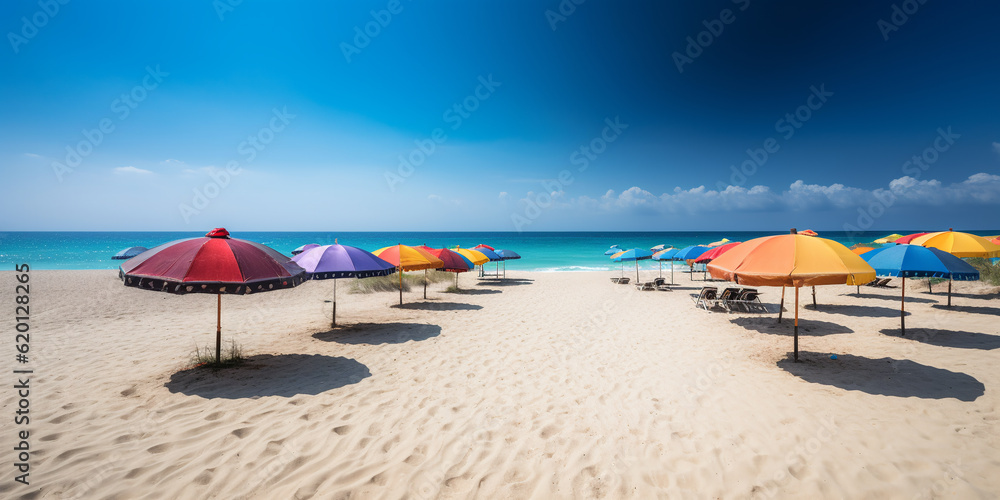Generative AI, beach umbrellas on the shore of the blue sea, sandy shore, sun, summer, vacation in a tropical country by the ocean, sunbeds, comfortable stay, south, hotel, travel, banner, parasol