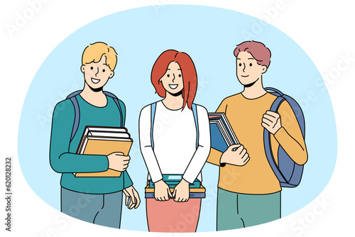 Portrait of smiling students with book and backpacks satisfied with education course. Happy people with textbooks at college or university. Vector illustration.
