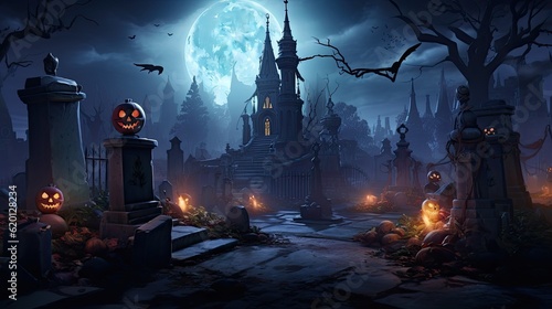 Halloween landscape with pumpkins and dark scary castle in the forest on blue Moon background. AI illustration..