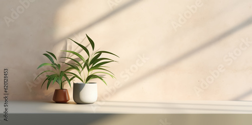 Selective focus of tree with pot and shadow on wall space background.Tropical and summer pattern.generative ai images