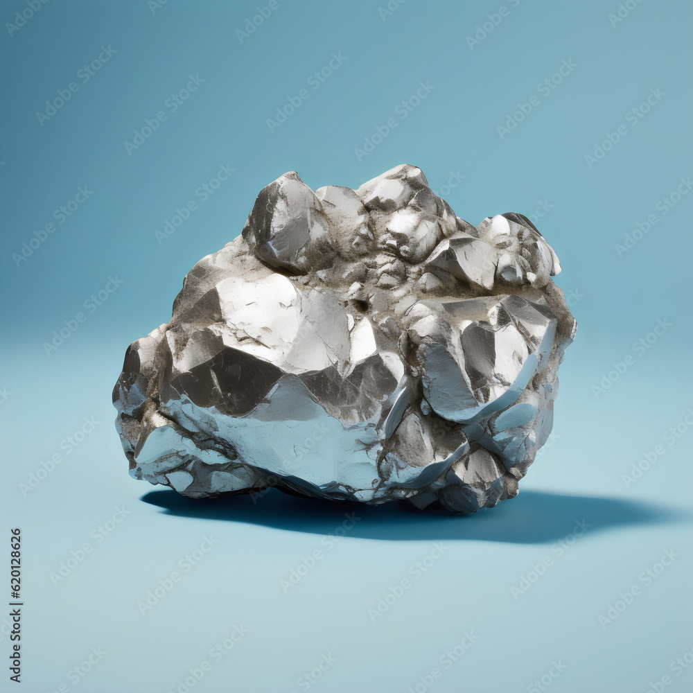shiny silver nugget isolated on plain blue studio background, made with generative ai