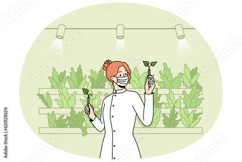 Scientist in uniform working with plants in greenhouse. Woman planting vegetables with aquaponics system at eco farm. Vector illustration.