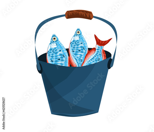 three fish in a bucket on a white background