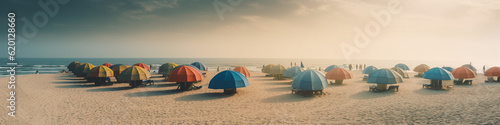 Generative AI, beach umbrellas on the shore of the blue sea, sandy shore, sun, summer, vacation in a tropical country by the ocean, sunbeds, comfortable stay, south, hotel, travel, banner, parasol © Julia Zarubina