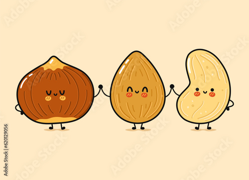 Cute, funny happy almonds, hazelnut and cashews nut. Vector hand drawn cartoon kawaii characters, illustration icon. Funny happy cartoon almond, hazelnut cashew nut mascot friends concept