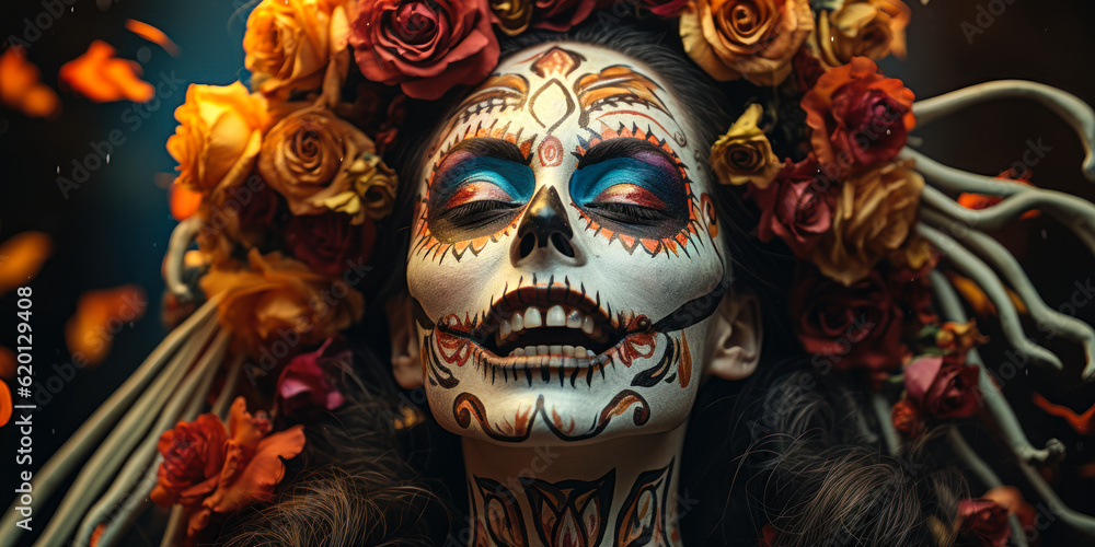 Cultural Fusion: Dia de los Muertos and Halloween Celebration with Woman in Skull Makeup Cultural Fusion: Dia de los Muertos and Halloween Celebration with Woman in Skull Makeup