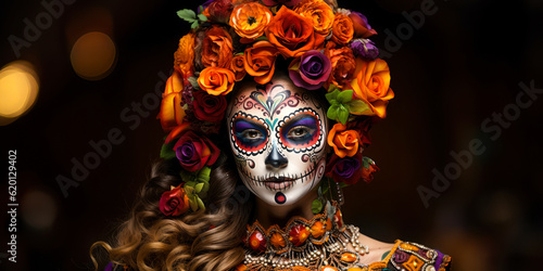 Mexican Cultural Celebration: Woman with Makeup and Face Tattoos for Dia de los Muertos