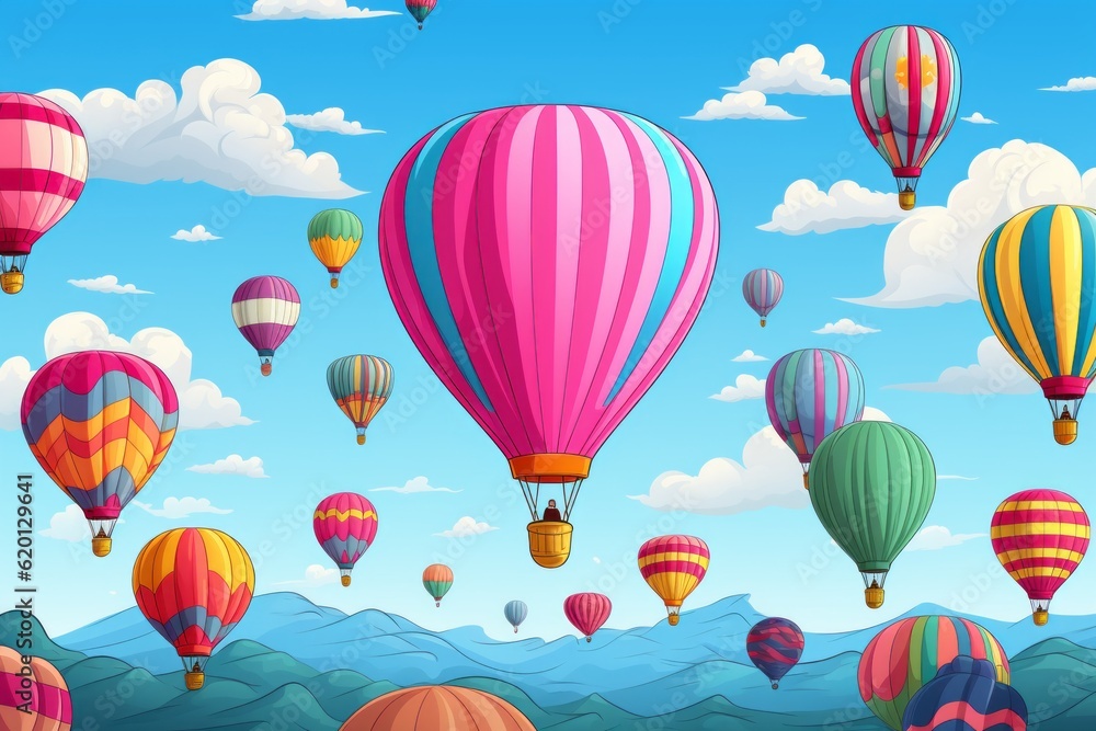 Fototapeta premium Cartoon Cute Doodles Floating Hot Air Balloon Seamless Pattern, Generative AI