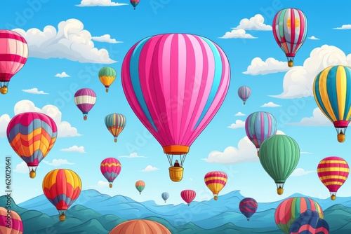 Cartoon Cute Doodles Floating Hot Air Balloon Seamless Pattern, Generative AI