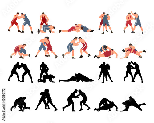 Set of wrestlers silhouettes. Image of greco roman wrestling, martial art, sportsmanship
