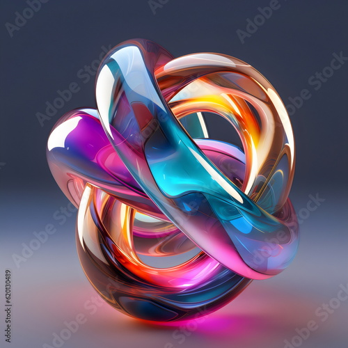 colorful intertwined glass infinity knot sculpture isolated on gray studio background, made with generative ai