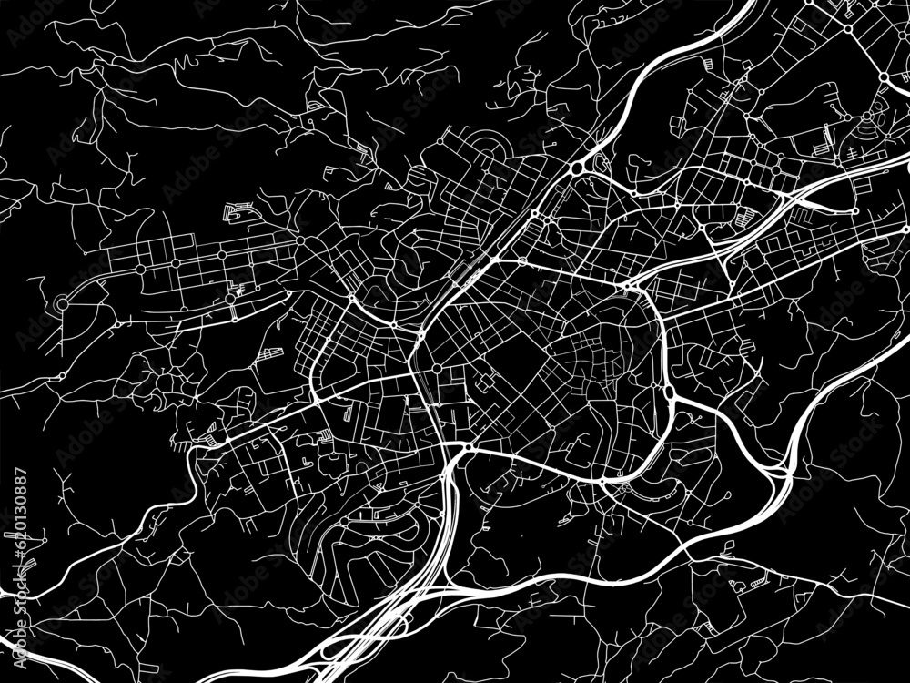 Vector road map of the city of  Oviedo in Spain on a black background.