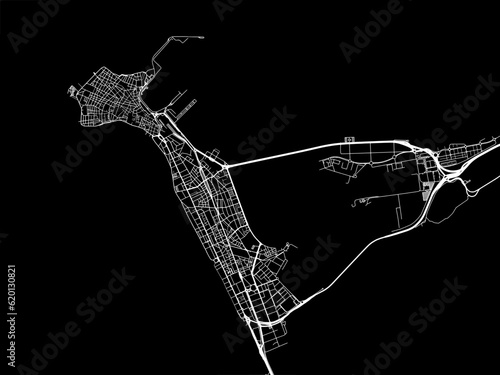 Vector road map of the city of  Cadiz in Spain on a black background.