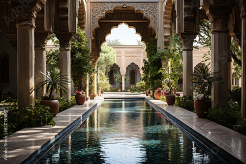 the serene and tranquil beauty of Islamic gardens, with elements such as fountains, lush vegetation, and geometric designs. Generative AI