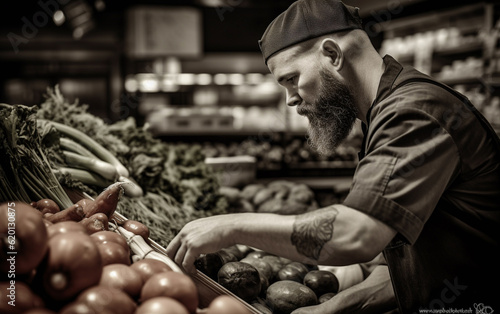 Chef searching for Vegetables in the Supermarket, created with generative AI technology
